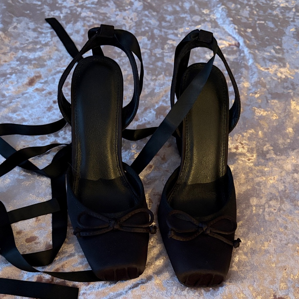 Black Satin Square-Toe Tie Ankle Heels
